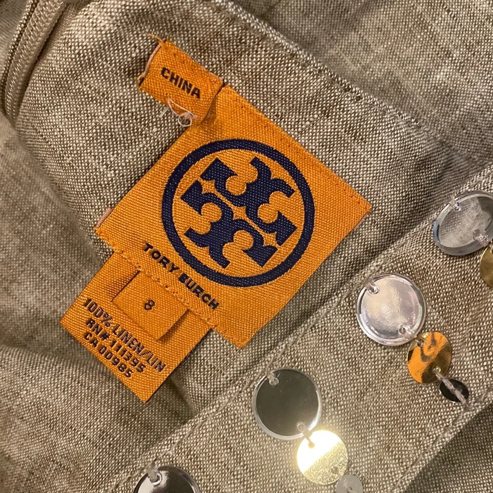 TORY BURCH - linen tank tunic w little mirror discs surrounding neck, zip - 8 - Picture 6 of 16